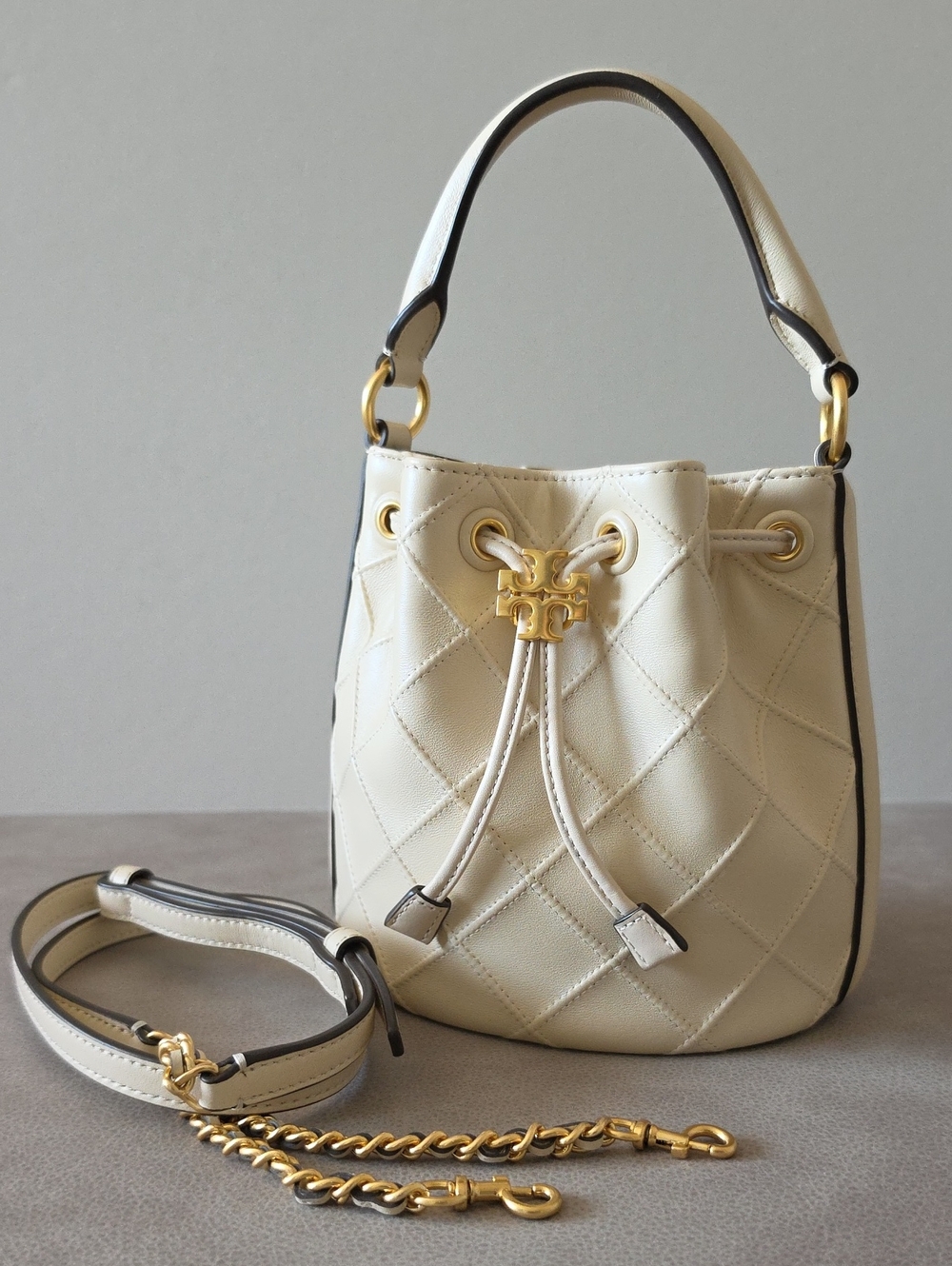 Tory Burch Cream Quilted Drawstring Bucket Bag - Gold Hardware